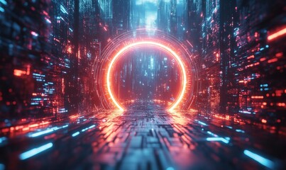 Obraz premium Futuristic portal gate scene, holographic teleportation on futuristic world space cyber technology background. 3D neon with glowing lines. Future technology and, Generative AI