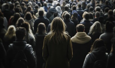 Blond woman stands in a large crowd.