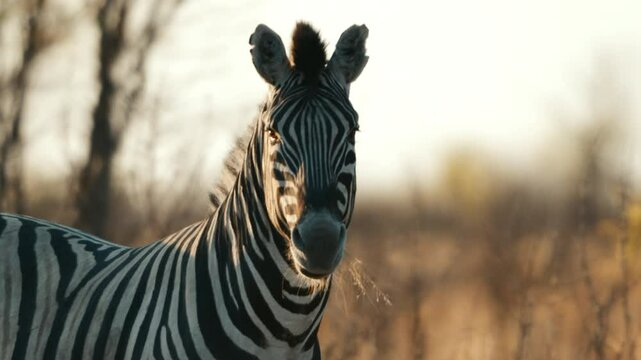 A close-up of a zebra looking at the camera in a beautiful sunset in Etosha National Park, Namibia, Africa