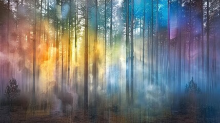 Fototapeta premium Enchanted Forest with Colorful Mist and Light Effects