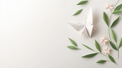 White origami butterfly with fresh green leaves and delicate flowers on a soft background.
