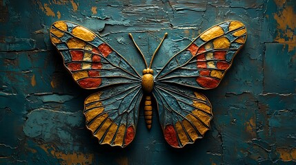 Colorful Butterfly Sculpture on Teal Textured Background