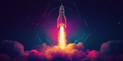 Rocket launching through colorful clouds.