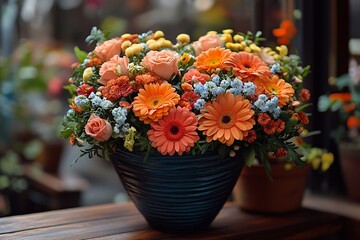 
Flower heart: A heart composed of fresh flowers, decorated in a pot on the balcony.