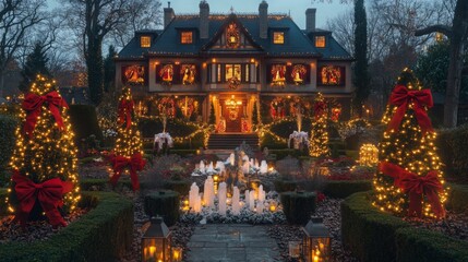 Naklejka premium A large, two-story house with a steep roof is adorned with Christmas lights, garlands, and wreaths.