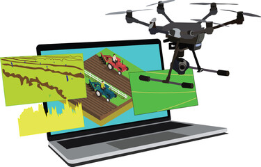 Drone application in laptop isolated on white. Aerial technology concept.