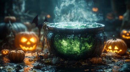 A steaming cauldron of green potion sits amongst glowing jack-o'-lanterns and other spooky Halloween decorations.