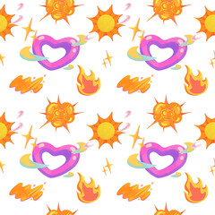purple heart-shaped with flash , flame explosion and the sun, hand drawn digital painting seamless pattern