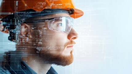 Worker in safety gear with digital overlay, focused on future technology.