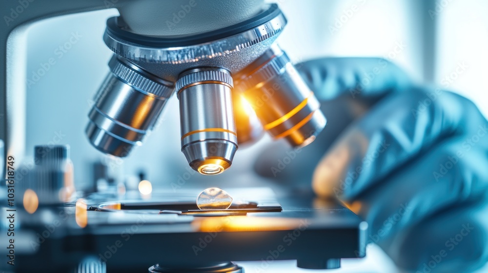 Poster Close-up of a Microscope with a Gloved Hand and a Specimen