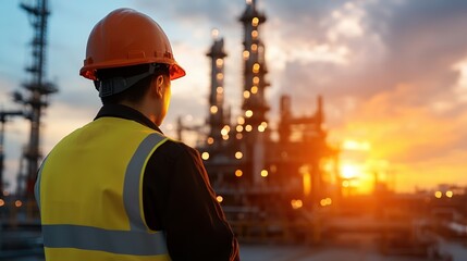 Worker observing sunset at an industrial site with machinery in the background.