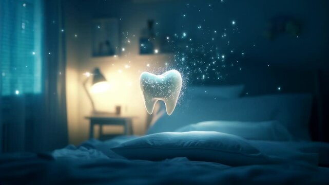 
Whimsical tooth fairy concept: glowing tooth with magicalsparkles in a bedroom setting