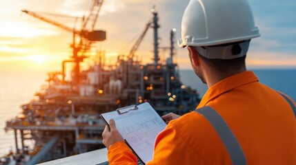 Worker reviewing plans on an offshore oil rig at sunset.