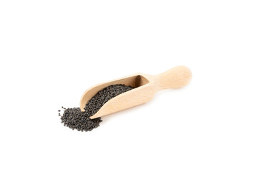 Basil seeds in a wooden spoon isolated on white background. Close-up. Superfood. Ocimum basilicum. Organic basil seeds.
