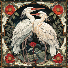 Stylized colorful design of birds in art nouveau style for decor or cushions.