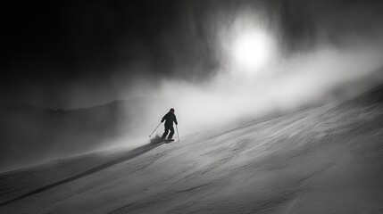 A lone skier navigates a snow-covered slope, disappearing into a swirling whiteout, with a glimpse of sunlight breaking through the clouds overhead.