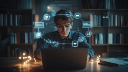 Focused businessman working on laptop with futuristic digital interface above him.
