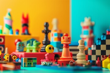 Many colorful vintage toys are placed together