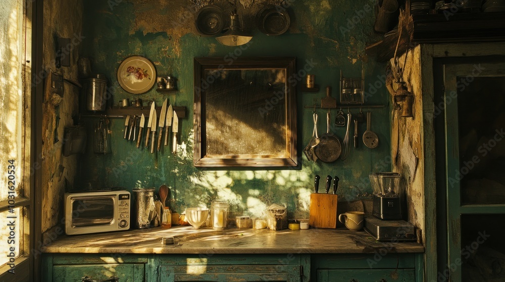 Poster rustic kitchen with sunlight streaming through window