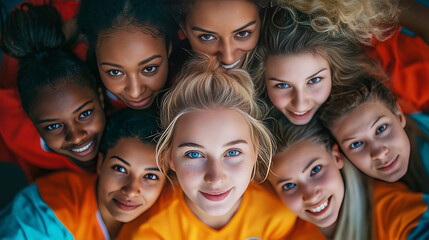 Obraz premium Cheerful diverse multiethnic female friends smiling looking down at camera from above