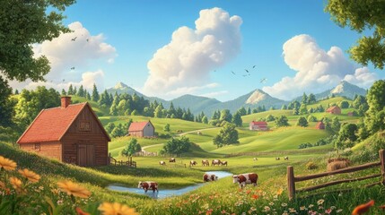 Farmhouse with cows and rolling green hills.