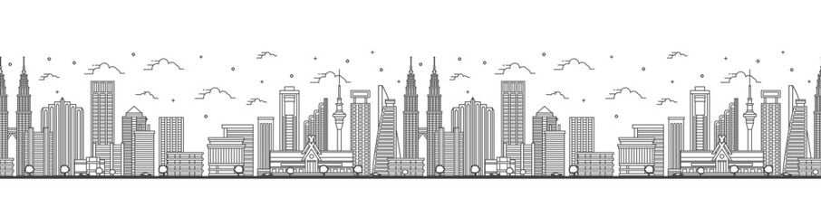 Seamless pattern with Outline Kuala Lumpur Malaysia City Skyline with Modern Buildings Isolated on White. Kuala Lumpur Cityscape with Landmarks. © BooblGum