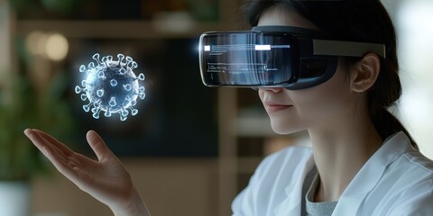 VR Scientist Studying 3D Model of Coronavirus