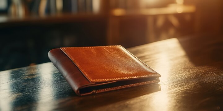 Brown leather wallet on wooden table.