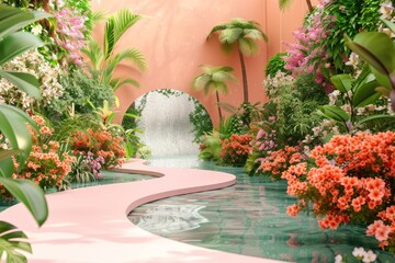 Obraz premium The walkway is filled with flowers trees and streams