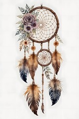 Vintage-style dreamcatcher with lace and flowers in watercolor style