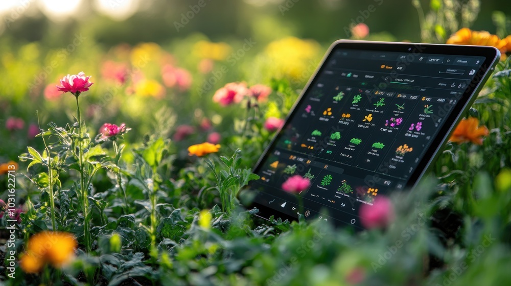 Wall mural a tablet computer rests in a field of blooming flowers, displaying a data-driven gardening app inter