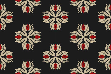 Embroidered Ikat flower pattern on a black background. Traditional ethnic ikat, Aztec abstract vector pattern, seamless pattern in tribal, folk embroidery and Mexican style.