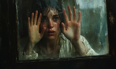 Woman's face behind a wet window pane.