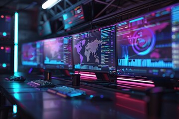 Several computers sit on desks in the IT office