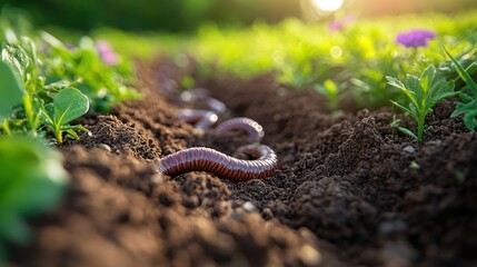 A millipede crawls through the rich, dark soil of a garden bed with green foliage and purple flowers in the background.