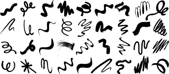 Squiggle brush strokes vector, abstract ink brush marks, black curved lines, artistic squiggles, and doodles set. Ideal brush stroke for creative design projects, backgrounds, or digital art