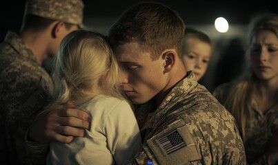 A soldier embraces a young girl.