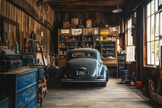 back of old rusty retro car in garage