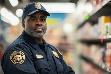 Obraz premium black security man in grocery store with copy space