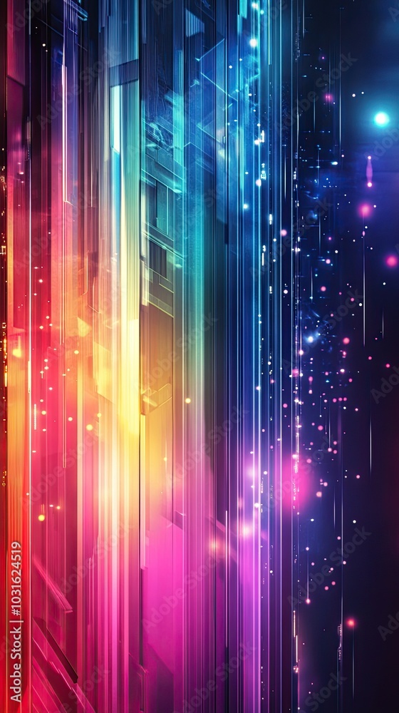 Poster abstract colorful background with lines and glowing particles.