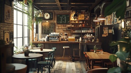 Fototapeta premium Cozy Cafe Interior with Rustic Furniture and Plants