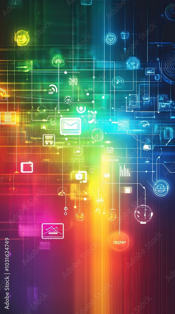 Poster colorful digital abstract background with glowing data patterns.