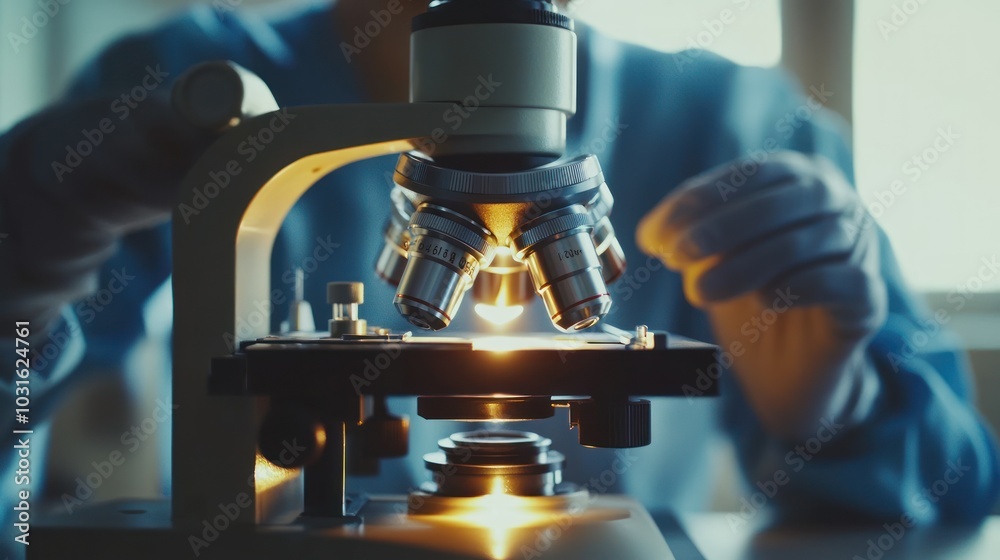Poster Close-up of a Microscope with a Person in the Background