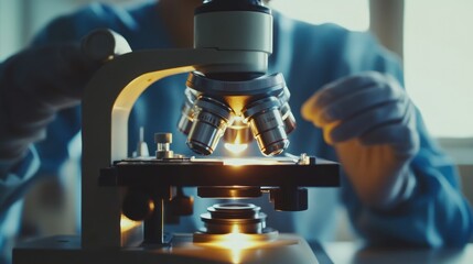 Close-up of a Microscope with a Person in the Background