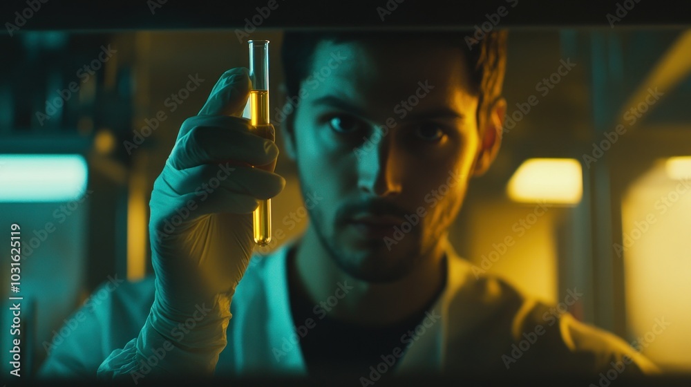 Poster a scientist examines a test tube filled with yellow liquid in a laboratory setting