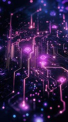 Obraz premium Vibrant circuit board design with glowing purple lights and intricate patterns, symbolizing technology and innovation.