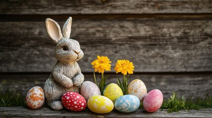Cute Bunny with Colorful Easter Eggs and Flowers