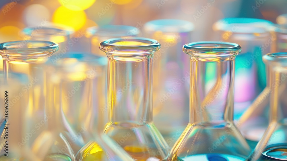 Poster close-up of glass flasks with abstract background