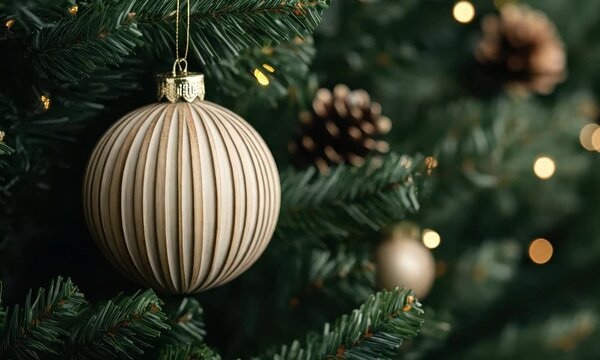 Elegant and shiny Christmas ornament in a classic golden color hanging on a blurred pine tree branch with sparkling bokeh lights in the background  Festive and cozy winter holiday scene 