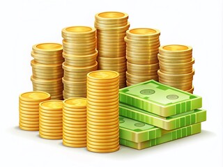 Stack of Money, Gold Coins, and Bills Illustrating Saving and Investment Growth in Flat Style Vector Illustration